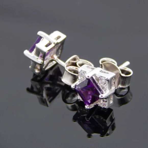 Genuine Amethyst Cushion Cut Earrings in 925 Sterling Silver - Picture 3 of 6